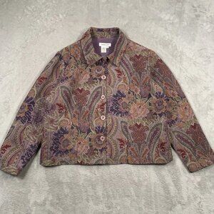 Vintage Tapestry Jacket Womens L Purple Crop Blazer Paisley Short Boxy Floral
